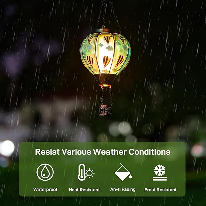 Solar Hot Air Balloon Lantern Flickering Flame, Sky Blue Glass Hot Air Balloon Solar Lantern Outdoor Waterproof, Decorative Hanging Hot Air Balloon Solar Light for Outside Garden Patio Yard