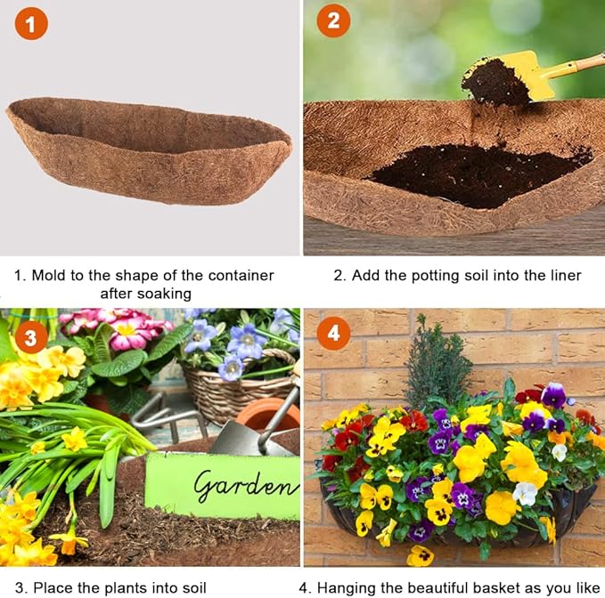 2 Pack Trough Coco Liner Fiber Replacement for Planters, 24/30/36/48 inch Half Moon Coconut Coir Planter for Window Box/Hanging Trough Planter, Garden Flower Vegetables Pot, Fence Flower Baskets