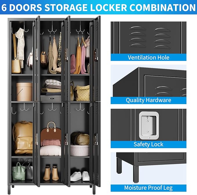 72" Metal Lockers for Employees with 6 Door, Black Metal Storage Cabinet with 18 Hooks, Industrial Locker, Assembly Required, for Gym, School, Classroom, Home, Bedroom, Office, Industrial