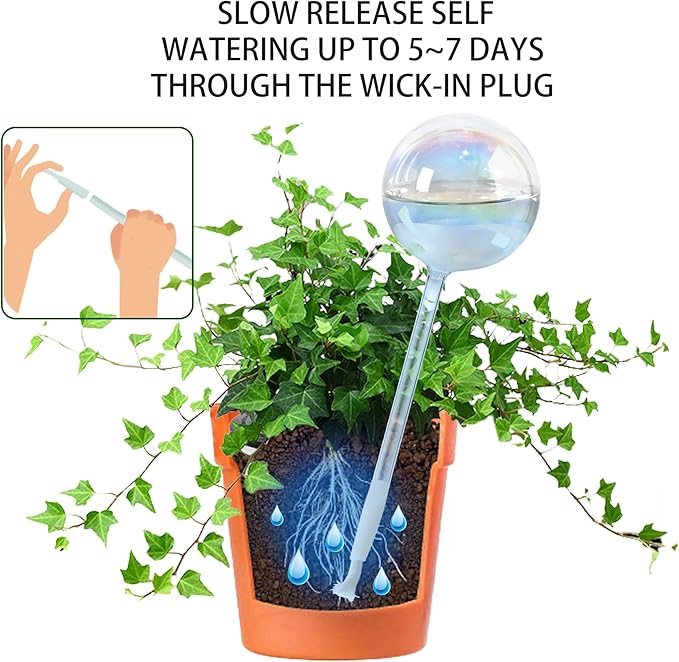 6.5oz Self Watering Globes (4 Pack),Medium Glass Plant Water Bulbs for Indoor Plants, Automatic Drip Irrigation,Light Iridescent Watering Stakes for Vacation & Daily Use (Slow-Release Hydration)