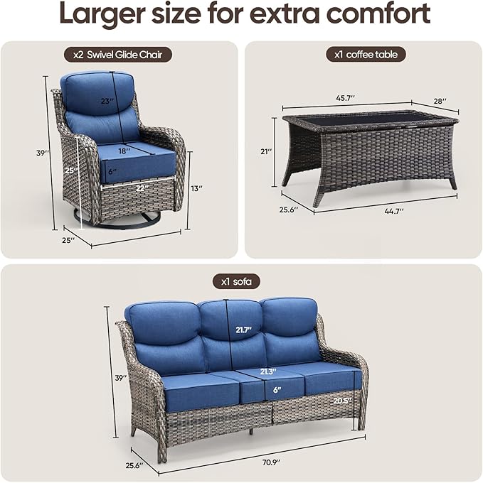 Swivel Patio Chairs sofa Set of 4 with 6" Thick Cushion - Wicker Outdoor Swivel Rocker Patio Chair ,Sofa/Glass coffee table, High Back Comfortable Outdoor Glider Chairs - Grey Wicker | Blue Cushions