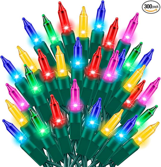Ultra-Bright Connect End to End Multi Christmas Mini Light 300L 63.8Ft(2Sets-Each 150L)UL Listed Incandescent Bulb String Light for Indoor Outdoor Holiday Garden Party Christmas Tree Decor