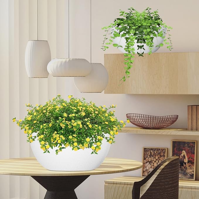WOUSIWER 13 inch 2Pack Large Hanging Planters for Outdoor Indoor Plants with Drainage Holes and Chain, Round Hanging Flower Pots for Garden Home Porch Decor, White