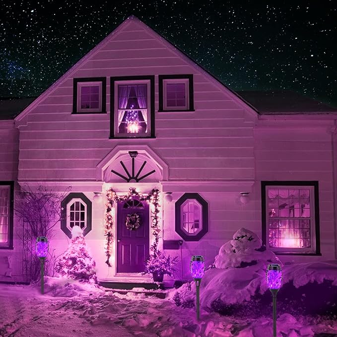 EOYIZW Solar Outdoor Lights, 8 Pack Purple Halloween Decorations Outdoor, Waterproof Mini LED Solar Tiki Torches for Outside Light for Halloween Garden Yard Porch Lawn Decor