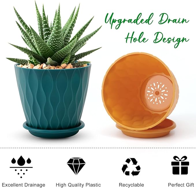 6 inch Plant Pots, 5 Pack Flower Pots Outdoor Indoor, Planters with Drainage Holes and Tray Saucers（Multicolor）