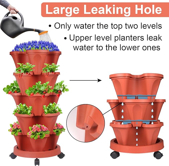 DUNCHATY Stackable Planters 5 Tier Vertical Garden Planting Tower Planters Strawberry, Herb, Flower, and Vegetable Planter Indoor Outdoor Gardening Pots with Removable Wheels and Tools, 2 Bundle