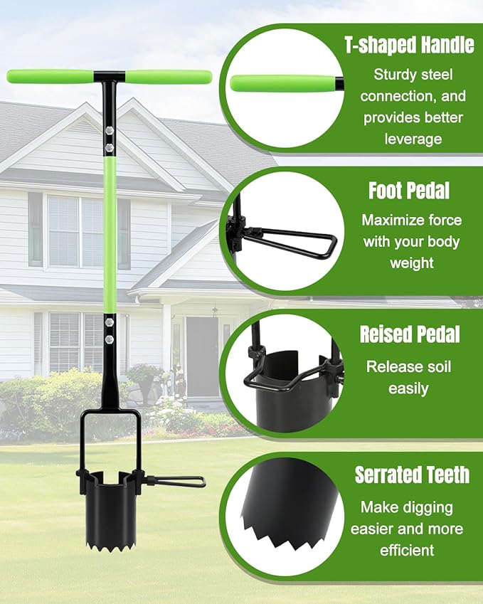 joyhalo Bulb Planter Tool Long Handle, 30in Serrated Base, 5 in 1 Lawn Tool, Sod Cutter, Grass Plugger Tool, Weeding, Transplanting, Garden Hole Digger for Plants, Flower Tulips Daffodils Lily
