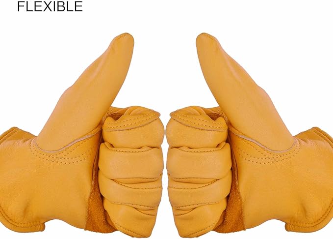 OZERO Flex Grip Leather Work Gloves Stretchable Wrist Tough Cowhide Working Glove 1 Pair (Gold, Large)