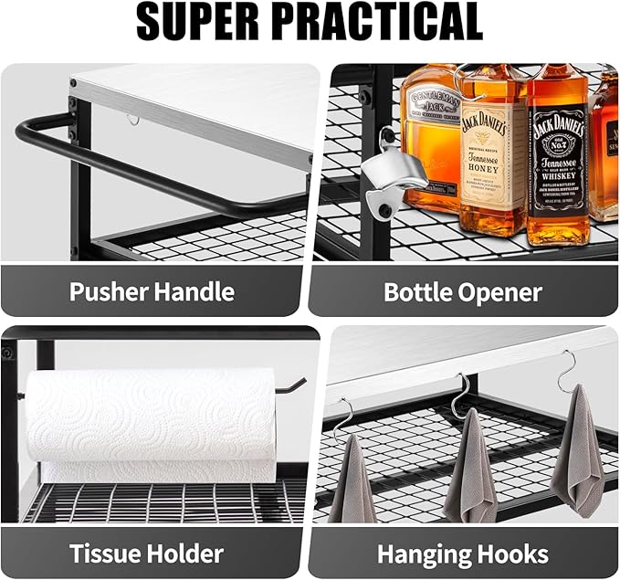 3-Shelf Outdoor Grill Table, Pizza Oven Tables with Waterproof Cover, Movable Dining Cart, Trolley Table with Wheels, Outdoor Kitchen Cooking Prep BBQ Cart for Home Party, Bar,Camping