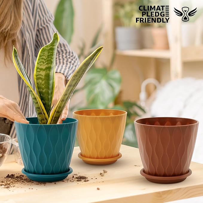 6 inch Plant Pots, 5 Pack Flower Pots Outdoor Indoor, Planters with Drainage Holes and Tray Saucers（Multicolor）