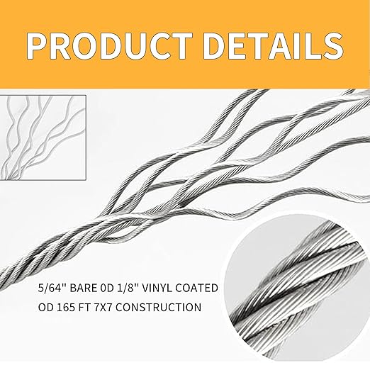 Wire Rope Kit,165FT 1/8" Vinyl Coated Stainless Steel Wire,Turnbuckles for Cables Wire,Metal Wire for Outdoor String Lights Hanging,Garden Wire,Clothes Line Cable