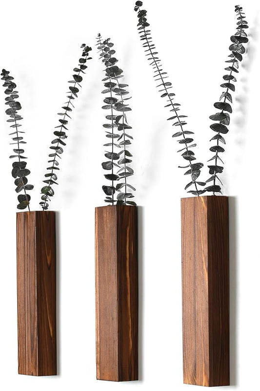 Wooden Wall Planter Set of 3 - Modern Home Decor for Living Room, Bedroom, Bathroom - Walnut Finish Planter for Dried Flowers, Faux Greenery, Indoor Plants