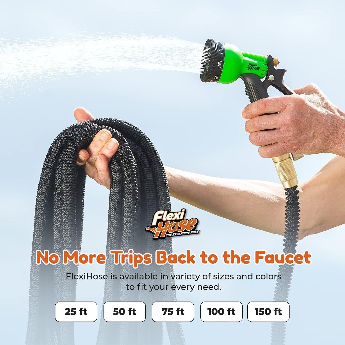 Flexi Hose PLUS with 8 Function Nozzle Expandable Garden Hose, Lightweight & No-Kink Flexible Garden Hose, 3/4 inch Solid Brass Fittings and Double Latex Core, 50 ft Black