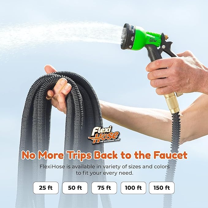 Flexi Hose with 8 Function Nozzle, 100FT - Lightweight Expandable Garden Hose, No-Kink Flexibility, 3/4 Inch Solid Brass Fittings and Double Latex Core