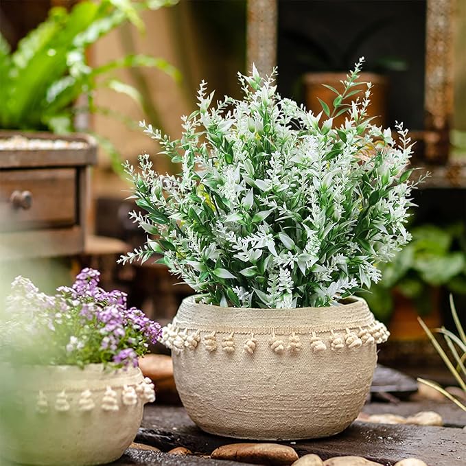 8 Pack Artificial Plants Flowers Grass Shrubs No Fade Faux Plastic Flowers Outdoor for Vases Farmhouse Garden Porch Patio Office Indoor Wedding Decoration Greenery Fake Plants (5#White)