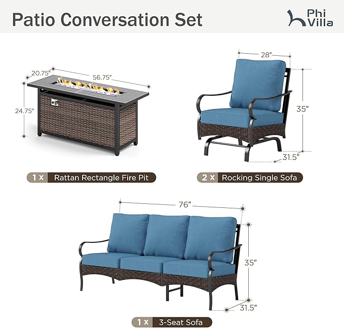 Patio Furniture Set with 56" Fire Pit Table, Premium Outdoor Wicker Metal Frame Furniture with Upgraded Waterproof Thick Cushions for Porch, Poolside, Deck, and Yard （4 Pieces,Navy