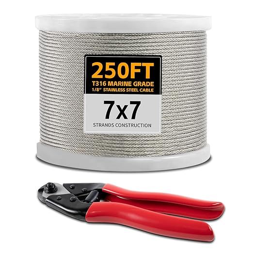 250FT 1/8" Stainless Steel Cable Wire Rope with Cutter, Cable for Deck Railing, 1800 lb Breaking Strength 7x7 Strands, T316 Aircraft Cable for Stair, Fence, Porch