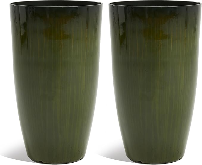 Worth Garden 20" H. Large Plastic Planters - Set of 2 Gradient Green Glossy Smooth Finish - Tall Plant Pots for Indoor & Outdoor Use - Decorative Lightweight Flower Pots for Front Porch, Patio, Deck