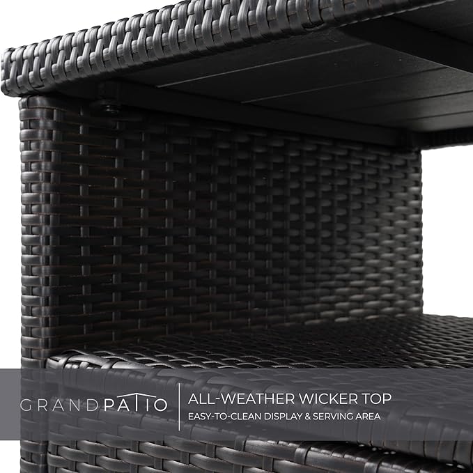 Grand patio Wicker Storage Cabinet Outdoor Waterproof Buffet Cabinet Patio Bar Table with Two Doors and Shelves Wicker Sideboard for Garden Kitchen Pool Dark Brown