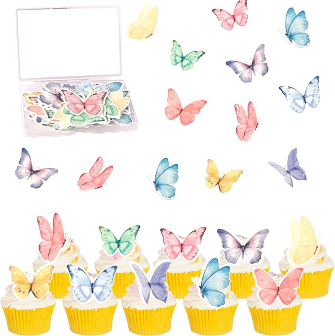 60 PCS Edible Butterfly Cupcake Toppers Edible Fondant for Cake Wafer Paper Butterflies Cupcake Picks Butterfly Cake Decorations Butterflies Theme Birthday Anniversary Wedding Party Supplies Colorful