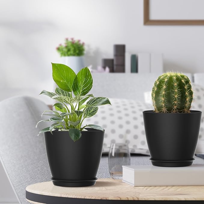 8 Pack 4 Inch Plant Pots with Drainage Holes and Saucers, Pots for Plant Indoor, Plastic Planters for Succulents and Small Plants, Black