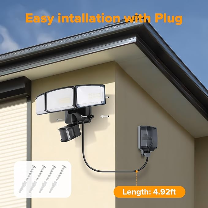 LUTEC 49W Motion Sensor Outdoor Lights, 5500 LM Plug in Flood Light Outdoor, Dusk to Dawn, IP65 Waterproof Security Lighting, 5000K Daylight, Adjustable Wall-Mounted for Garage, Yard, Porch (Black)