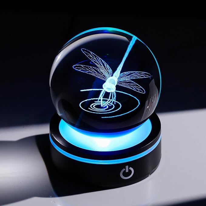 YWHL Crystal Ball 3D Dragonfly Figurine with LED Base, Dragonfly Gifts for Men Women on Christmas Birthday, Glass Animals Insect Sphere Decorative Ball for Home Decor (80mm)