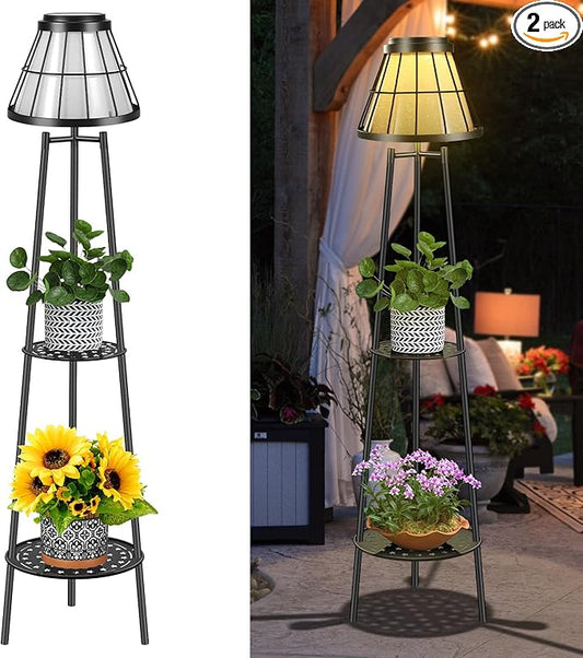 2 Pack Solar Lights Outdoor with Plant Stands, Solar Floor Lamp Street Lights Metal Tripod Patio Lights for Garden Yard Pathway Driveway Front/Back Porch Decoration