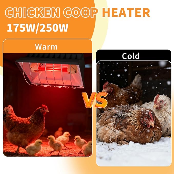 Chicken Coop Heating Lamp, 250W Brooder Heater with Guard,Waterproof Ceramic Joint Heat Lamp Bulb,Adjustable Temperature(175W/250W) and Height,Suitable for Poultry, Livestock & Small Pets