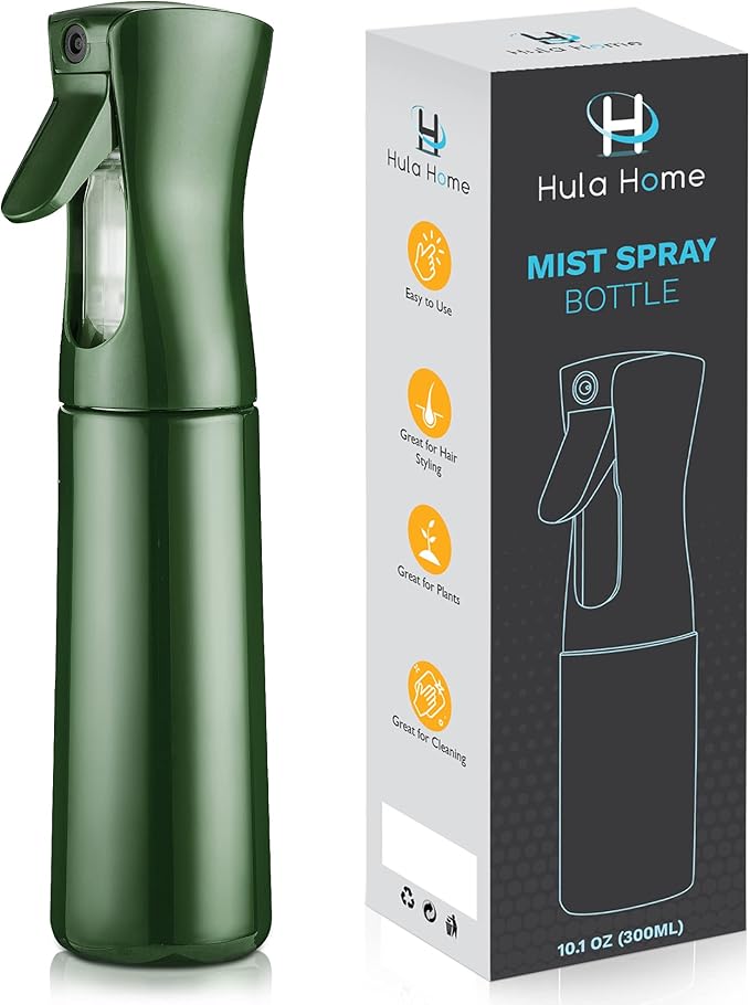 Hula Home Continuous Spray Bottle for Hair (10.1oz/300ml) Empty Ultra Fine Plastic Water Mist Sprayer – For Hairstyling, Cleaning, Salons, Plants, Essential Oil Scents & More - Green