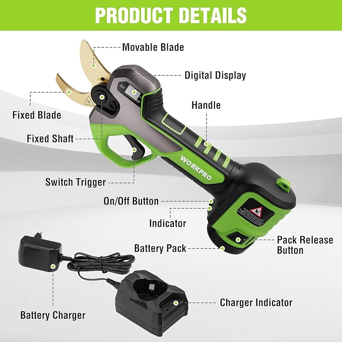 WORKPRO 12V Electric Pruning Shears, Battery Powered Pruning Shears, Cordless Tree Pruner, 1.2 Inch Cutting Diameter, Branch Cutter Gardening Scissors with 2 Pack Rechargeable Battery and Fast Charger