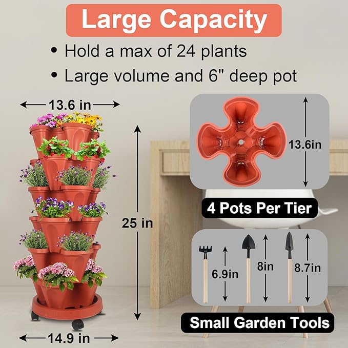 DUNCHATY Stackable Planters 6 Tier Vertical Garden Planting Tower Planters Strawberry, Herb, Flower, and Vegetable Planter Indoor Outdoor Gardening Pots with Removable Wheels and Tools, 2 Bundle