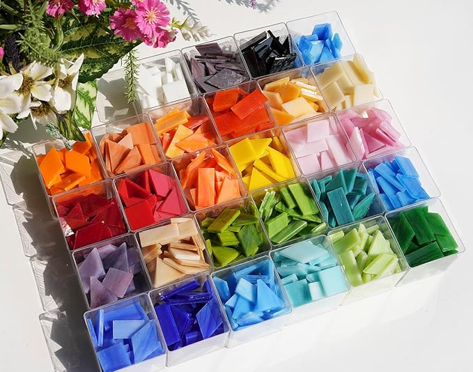 Lanyani Large Glass Tiles for Mosaic Crafts, 1.3 Pounds/250 Pieces Bright Opaque Stained Glass Tiles, Colorful Mosaic Tiles Pieces for Mosaic DIY Hobbies Home Decor, Versatile 4 Shapes Mixed