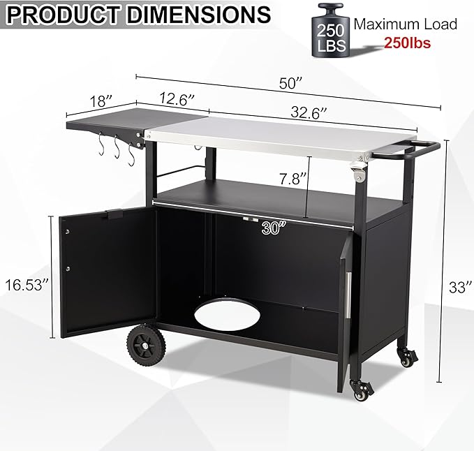 Spurgehom Outdoor Grill Cart, Pizza Oven Stand Table with Stainless Steel Top Movable Kitchen Cooking Prep Table BBQ Cart Kitchen Prep