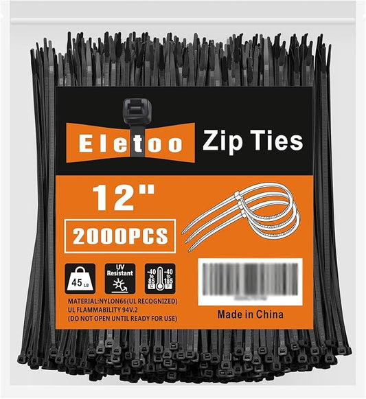 12 Inch Black Zip Ties (2000 Pack), 45 LBS Tensile Strength, Self-Locking Nylon PA66 UV Resistant Cable Ties for Indoor and Outdoor Use