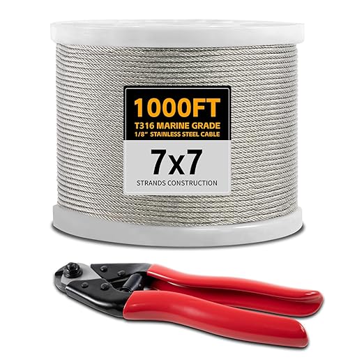1000FT 1/8" Stainless Steel Cable Wire Rope with Cutter, Cable for Deck Railing, 1800 lb Breaking Strength 7x7 Strands, T316 Aircraft Cable for Stair, Fence, Porch