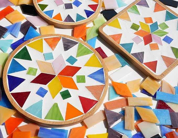 Lanyani Extra-Large Stained Glass Mosaic Tiles for DIY Crafts & Art Projects, 1.4lb Bulk Pack – 200 Pre-Cut Mosaic Glass Pieces, 4 Shapes, Vibrant Mixed Colors