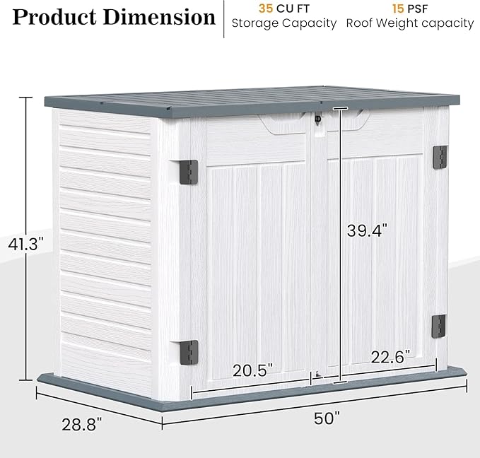 UDPATIO Outdoor Storage Cabinet 35 Cu Ft, Resin Horizontal Outdoor Trash Can Storage Box Lockable Shed 4 x 2 ft for Garbage, Garden Tools, Lawn Mowers