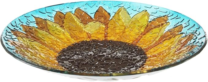 Glass Bird Bath Garden Hand Painted With Crushed Glass Bowl - Large Wild Bird Feeder for Garden, Yard, Patio, Lawn Decor - 18 x 2 x 18 Inches, 64oz