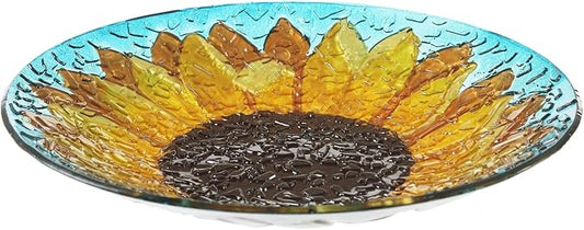 Glass Bird Bath Garden Hand Painted With Crushed Glass Bowl - Large Wild Bird Feeder for Garden, Yard, Patio, Lawn Decor - 18 x 2 x 18 Inches, 64oz