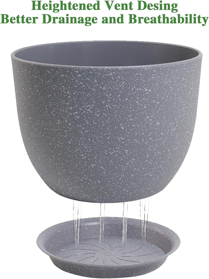 12/10/9 Large Modern Plant Pots, Plastic Planters with Drainage Holes and Saucers for Indoor Outdoor Plants Flowers, Grey Speckles