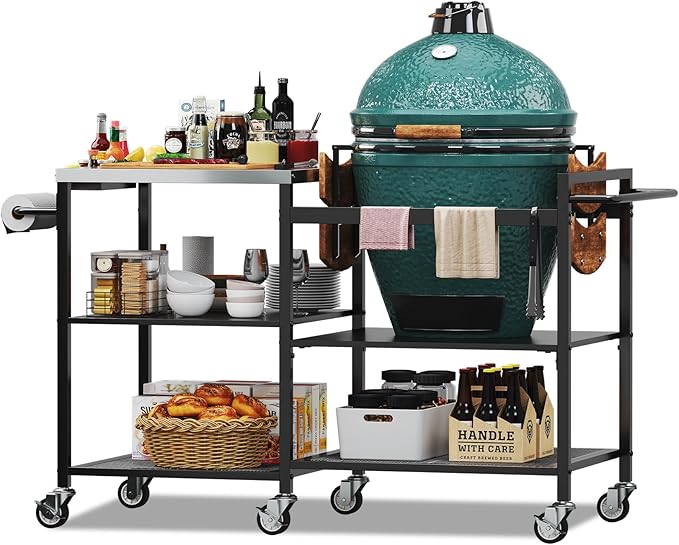 TC-HOMENY Grill Table for Big Green Egg Stand, Metal Cooking Table Stand with Wheels, Heavy Duty Outdoor Movable Style BBQ Grill Cart, Grill Holder Compatible with Large Big Green Egg and Other Models
