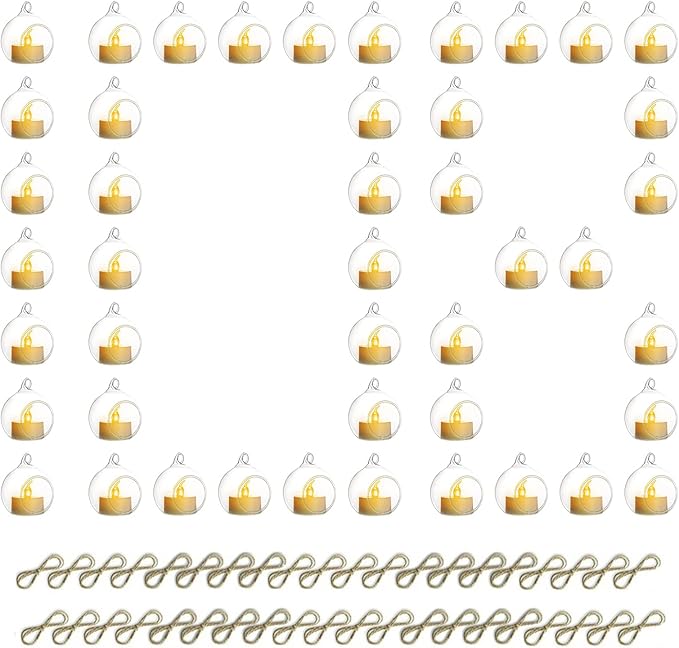 108 Pcs Mini Hanging Tealight Holder with LED Candles, 2.36in Hanging Glass Globes Candle Holder, Hanging Glass Terrarium Glass containers for Wedding Party Tree Decoration (Contains LED Candles)