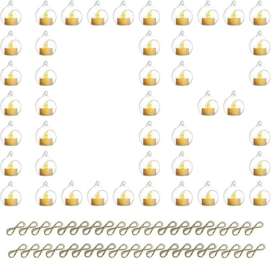 108 Pcs Mini Hanging Tealight Holder with LED Candles, 2.36in Hanging Glass Globes Candle Holder, Hanging Glass Terrarium Glass containers for Wedding Party Tree Decoration (Contains LED Candles)