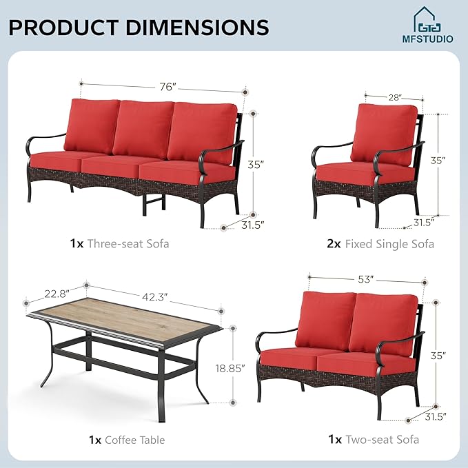 MFSTUDIO 5 PCS Outdoor Patio Furniture Set, Metal Outdoor Conversation Set, Rattan Wicker Patio Sectional Sofa Set with 2 x Fixed Single Sofa, 2-Seat and 3-Seat Sofa, 1 x Coffee Table, Red