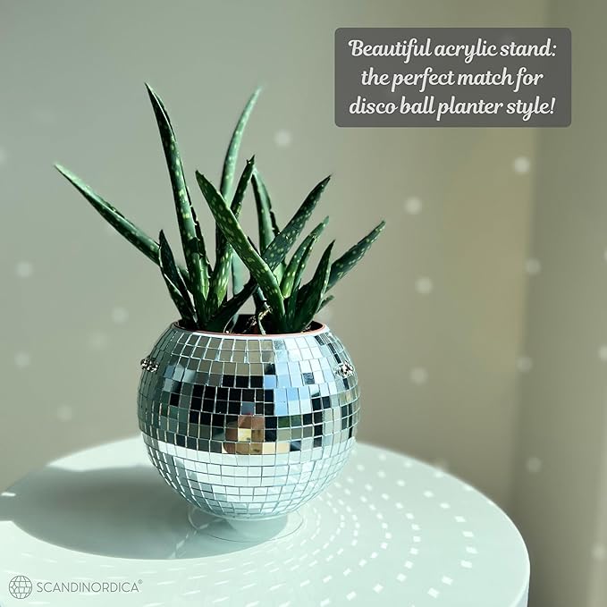 SCANDINORDICA Disco Ball Planter – Value Package: Mirror Disco Planter with Chain, Macrame Hanger and Acrylic Stand for Desk, Includes Self Watering Insert, Disco Ball Decor | 6 inch Silver