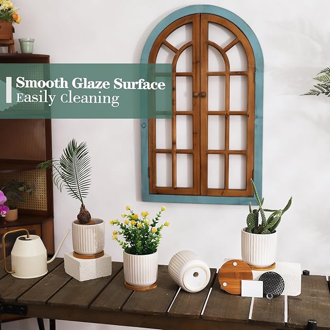 TAMAYKIM 4 Inch Ceramic Plant Pots with Drainage Holes, Modern Flower Planter with Saucer for Indoor Plants, Succulent, Cactus & Herbs, White, Set of 4 (Plants Not Included)