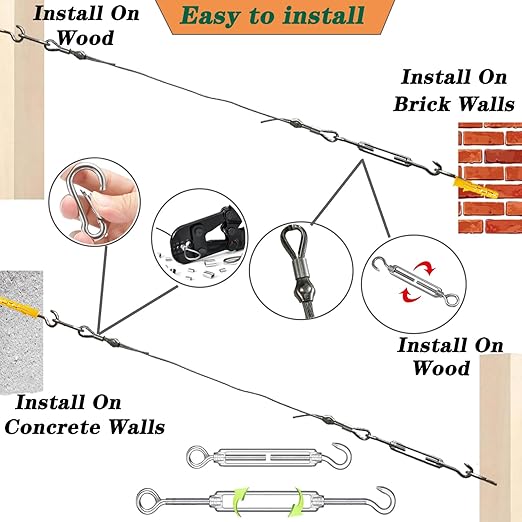 1/8" Wire Rope Kit with M5 Turnbuckles - 164FT Vinyl Coated Stainless Steel Cable, 7x7 Braided Strands Aircraft Cable for Climbing Plants, Outdoor String Lights Hanging