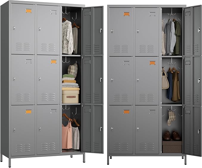 9 Doors Metal Lockers for Employees with 27 Hooks, Storage Locker with Business Card Holder for Office Gym School Bedroom, Assembly Required, Dark Gray