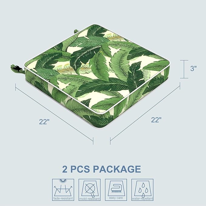 LVTXIII Patio Chair Cushions 22"x22"x3", Water-Repellent Outdoor Seat Cushions for Patio Furniture, Square Chair Pads with Ties for Home Garden Decoration, Set of 2, Swaying Palms Green